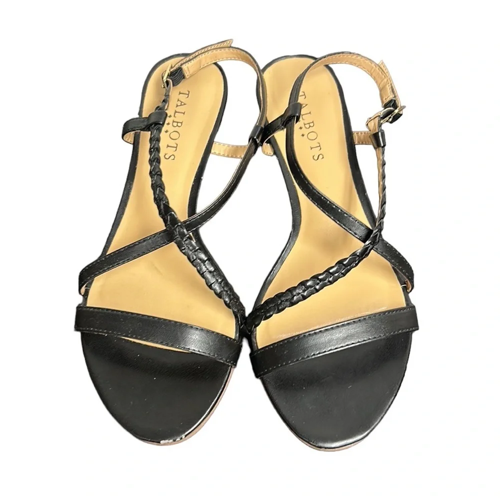 TALBOTS | Strappy Braided Sandals Wedges Criss‎ Cross Black Patent Leather 6